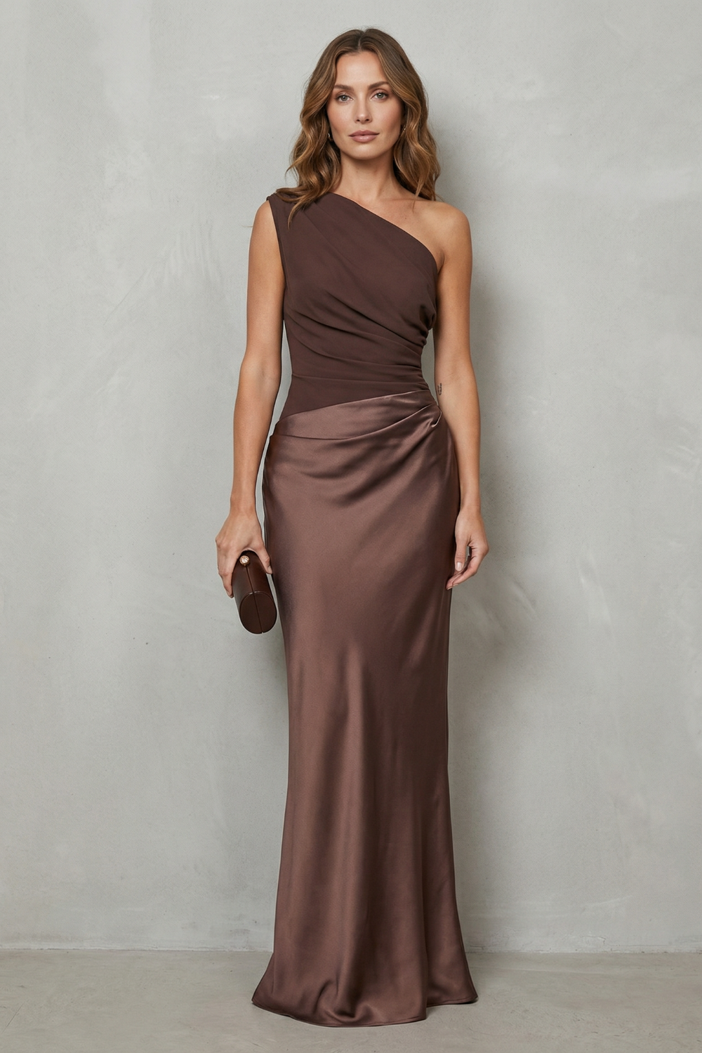 Penelope Scott | One-Shoulder Satin Maxi Dress in Chocolate Brown