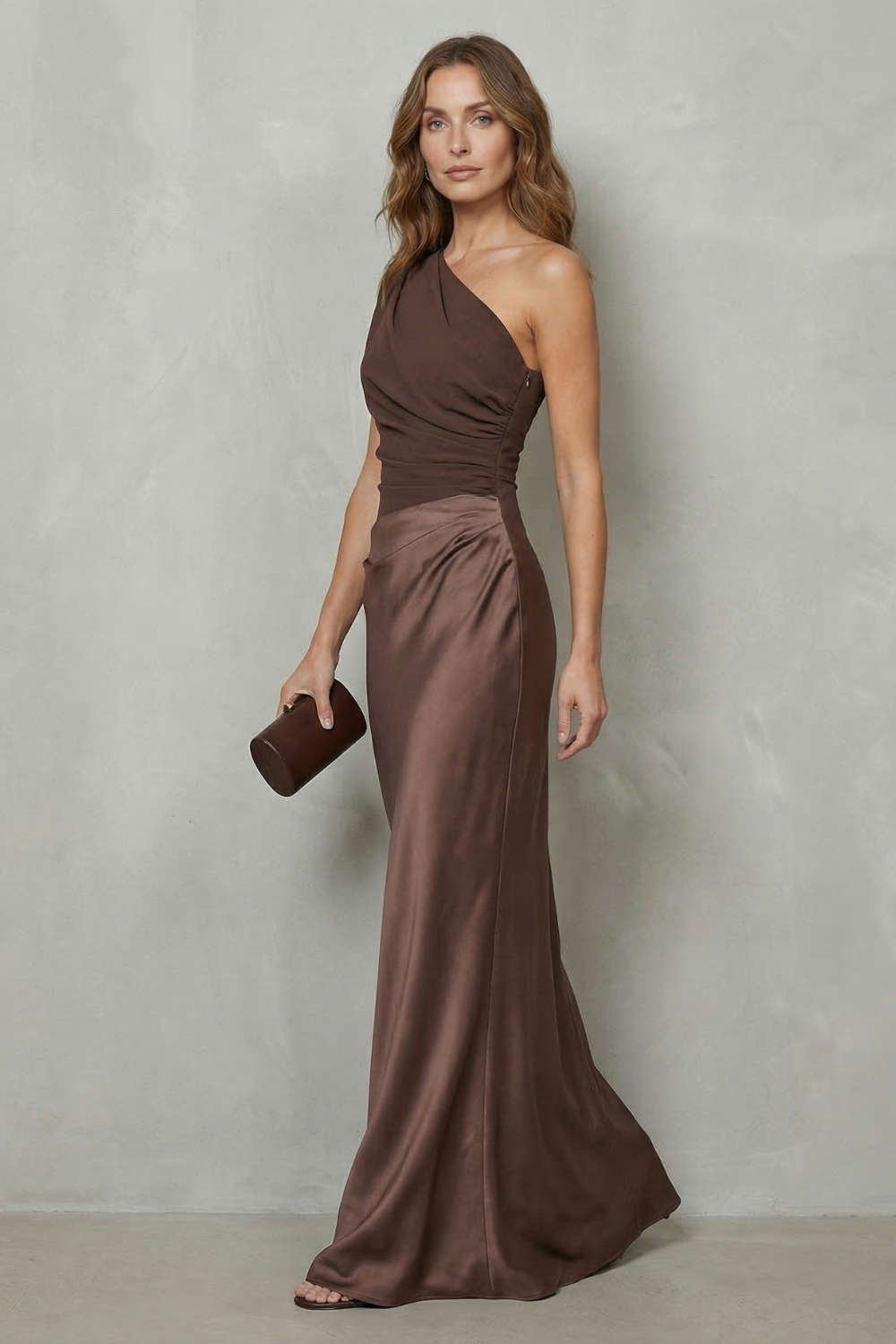 Penelope Scott | One-Shoulder Satin Maxi Dress in Chocolate Brown