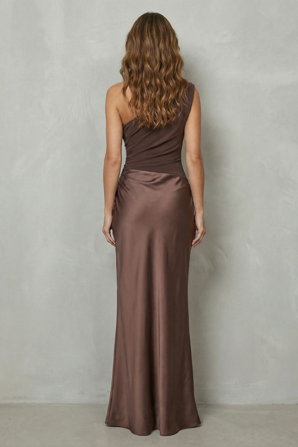 Penelope Scott | One-Shoulder Satin Maxi Dress in Chocolate Brown