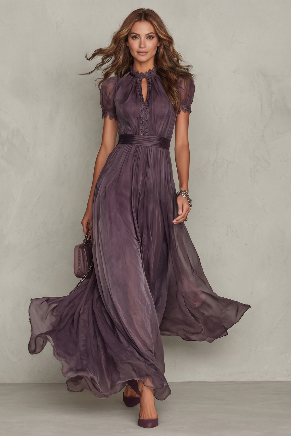 Violet Harrison | Dusty Purple Lace-Trim Keyhole Maxi Dress