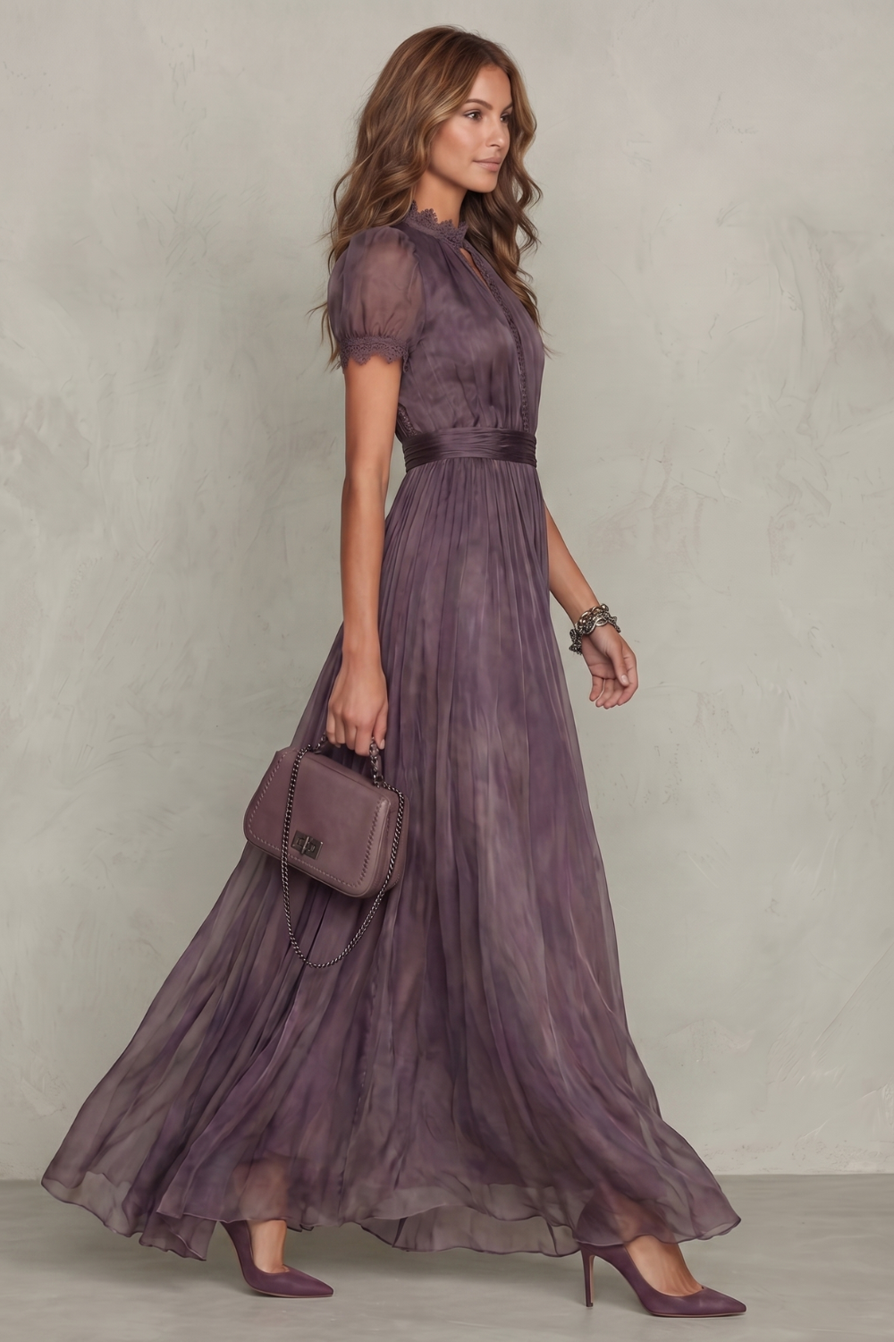 Violet Harrison | Dusty Purple Lace-Trim Keyhole Maxi Dress