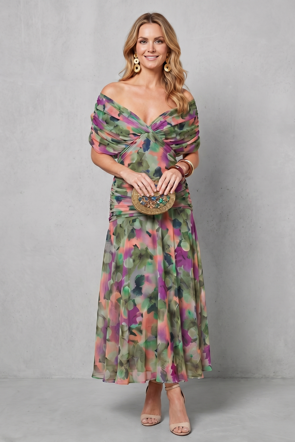 Felicity Hawkins | Robe midi fleurie aquarelle à épaules dénudées