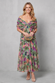 Felicity Hawkins | Robe midi fleurie aquarelle à épaules dénudées