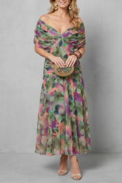 Felicity Hawkins | Robe midi fleurie aquarelle à épaules dénudées