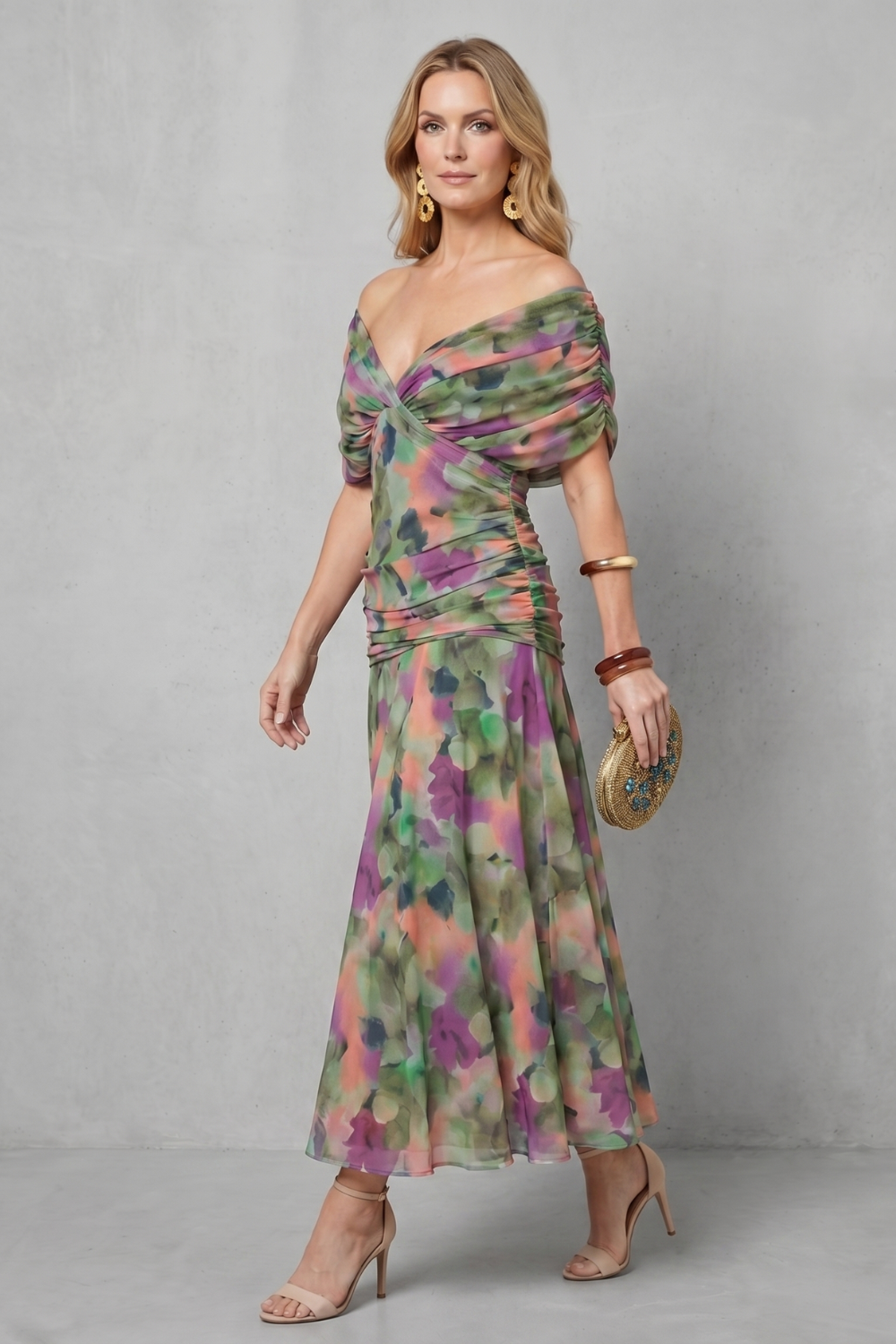 Felicity Hawkins | Robe midi fleurie aquarelle à épaules dénudées