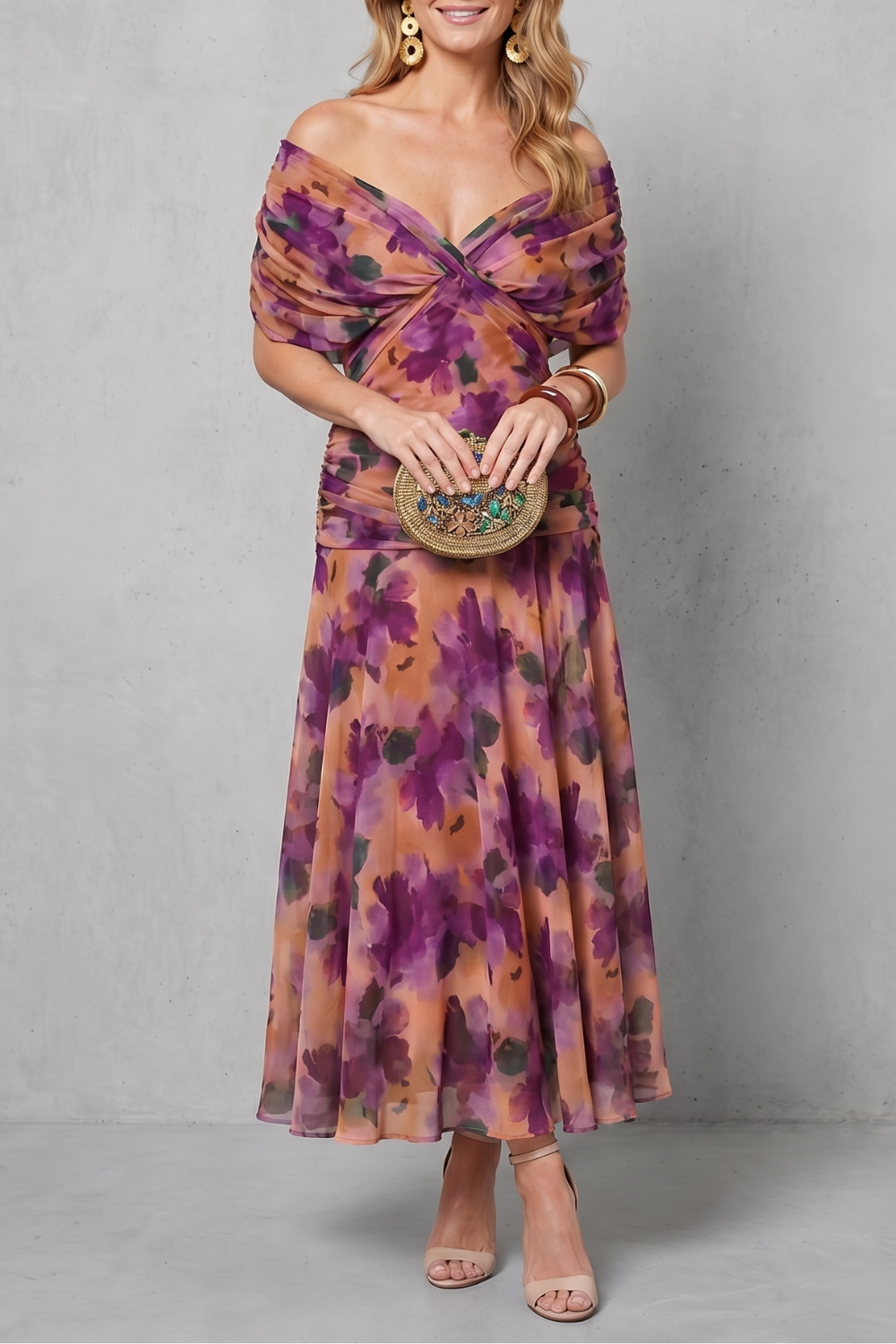 Felicity Hawkins | Robe midi fleurie aquarelle à épaules dénudées