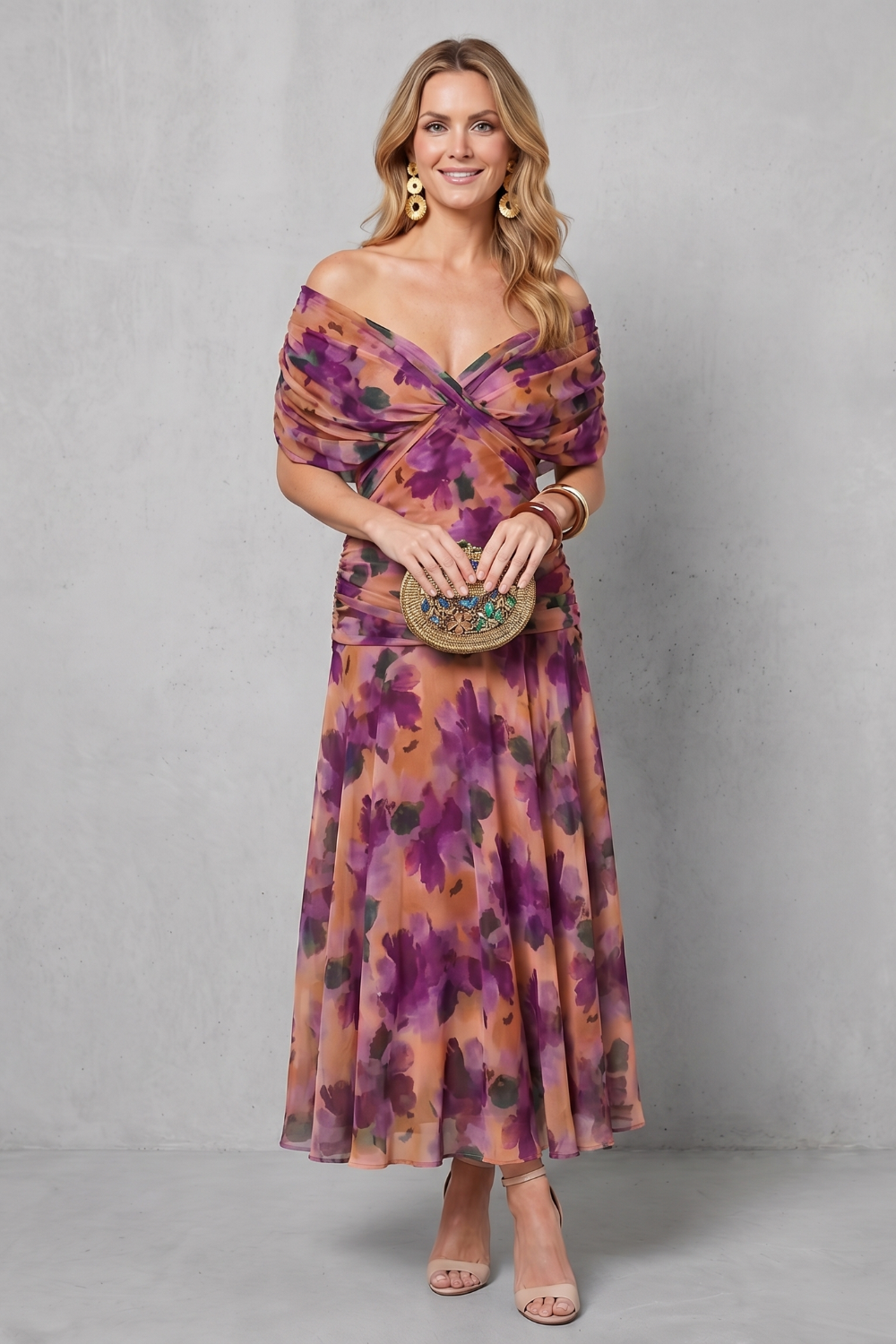 Felicity Hawkins | Robe midi fleurie aquarelle à épaules dénudées