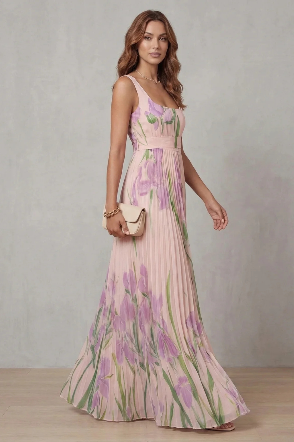 Georgina Wright | Iris Floral Pleated Maxi Dress in Blush Pink
