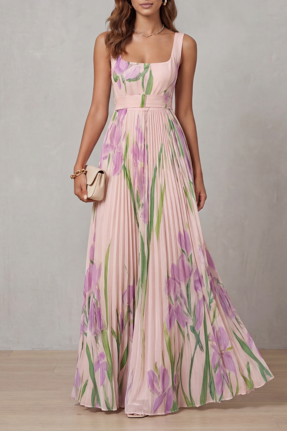 Georgina Wright | Iris Floral Pleated Maxi Dress in Blush Pink