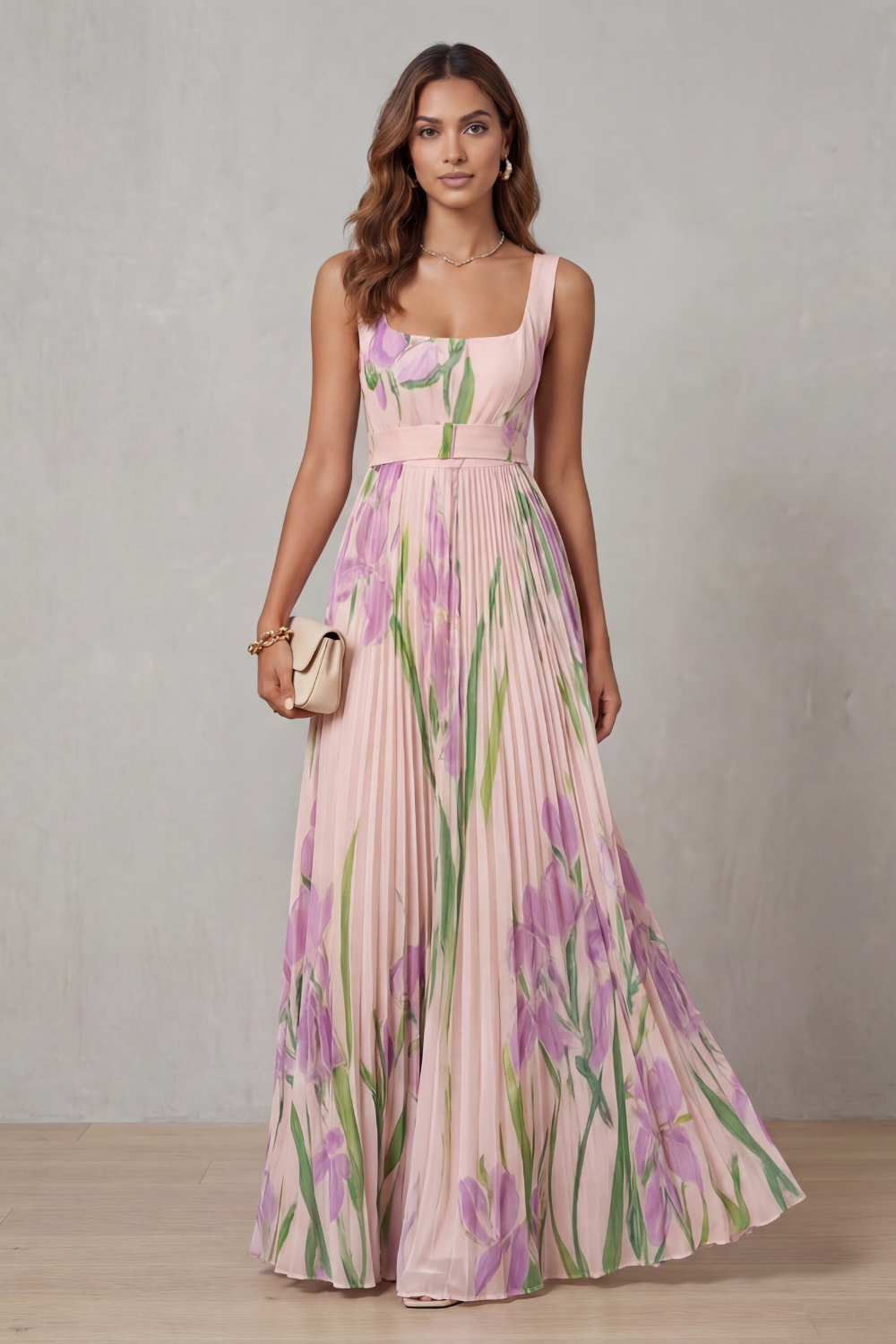 Georgina Wright | Iris Floral Pleated Maxi Dress in Blush Pink