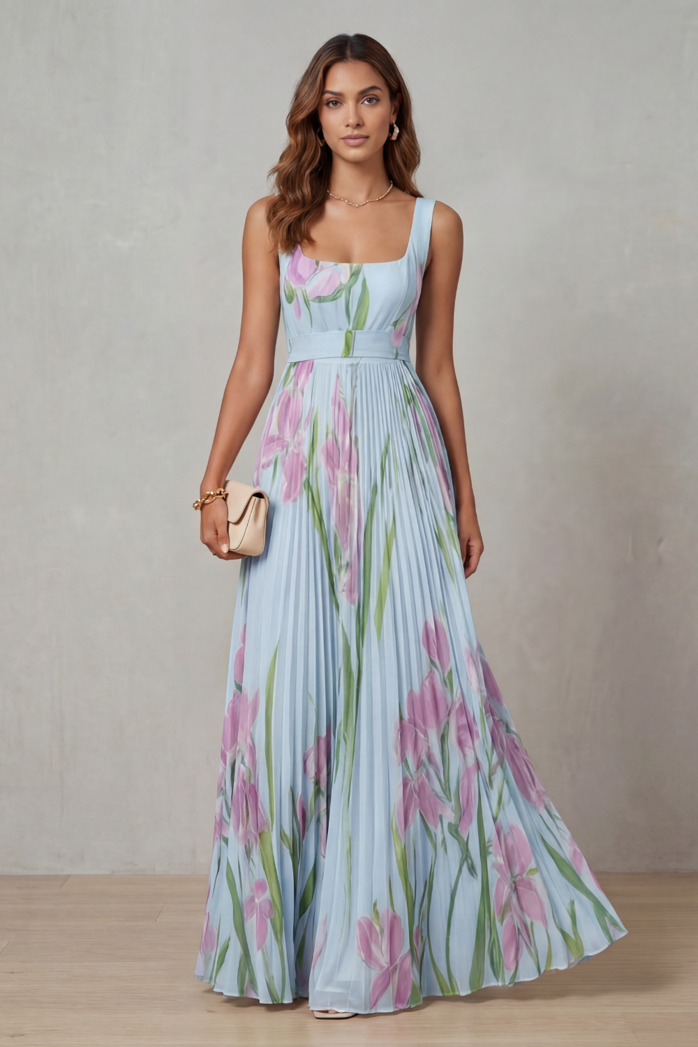 Georgina Wright | Iris Floral Pleated Maxi Dress in Blush Pink