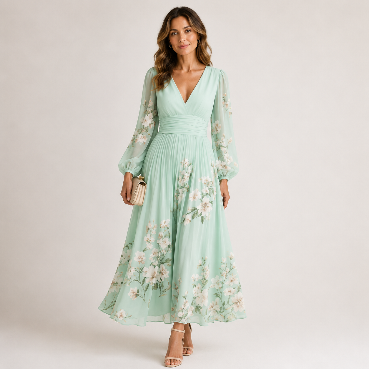 Winifred Evans | Mint Floral Chiffon Maxi Dress with Long Sleeves
