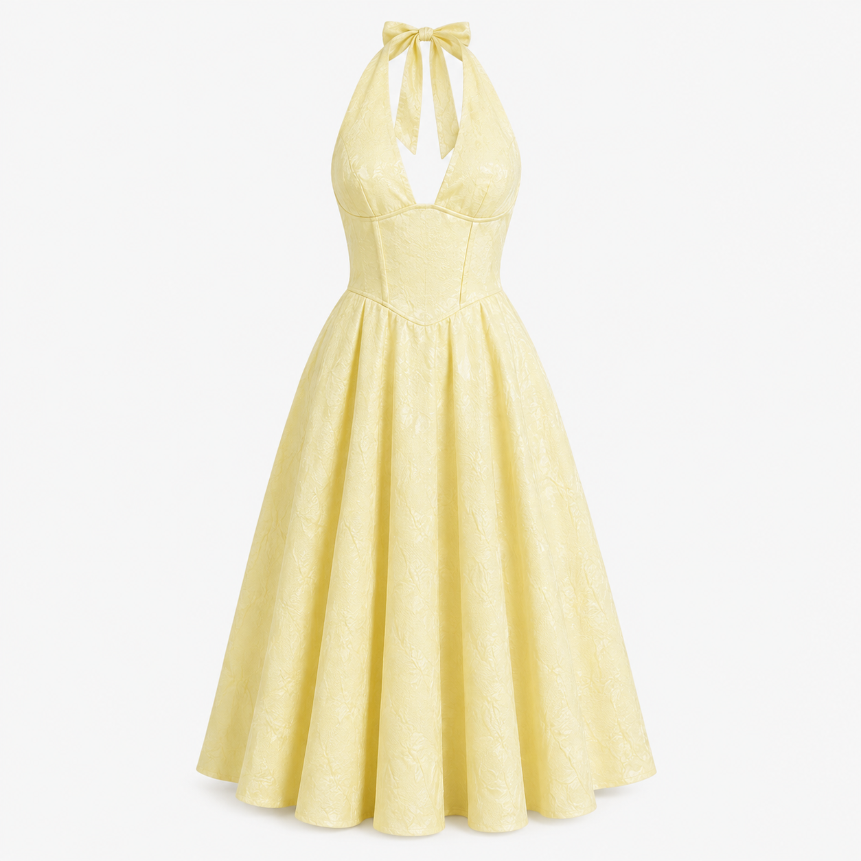 Winifred Green | Butter Yellow Jacquard Halter Midi Dress