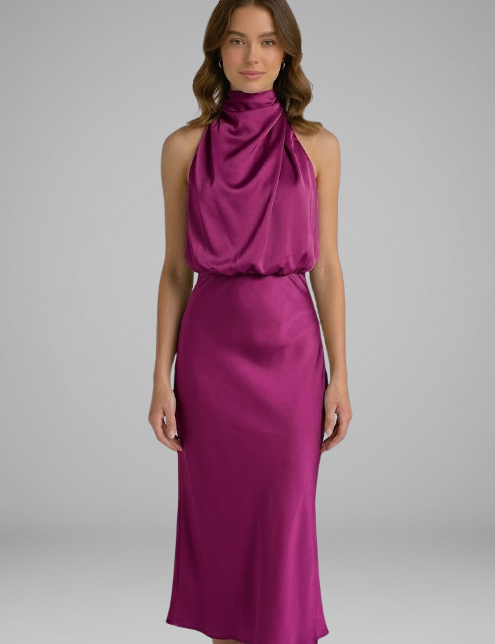 Celeste Marconi | Satin High Neck Midi Dress For Women
