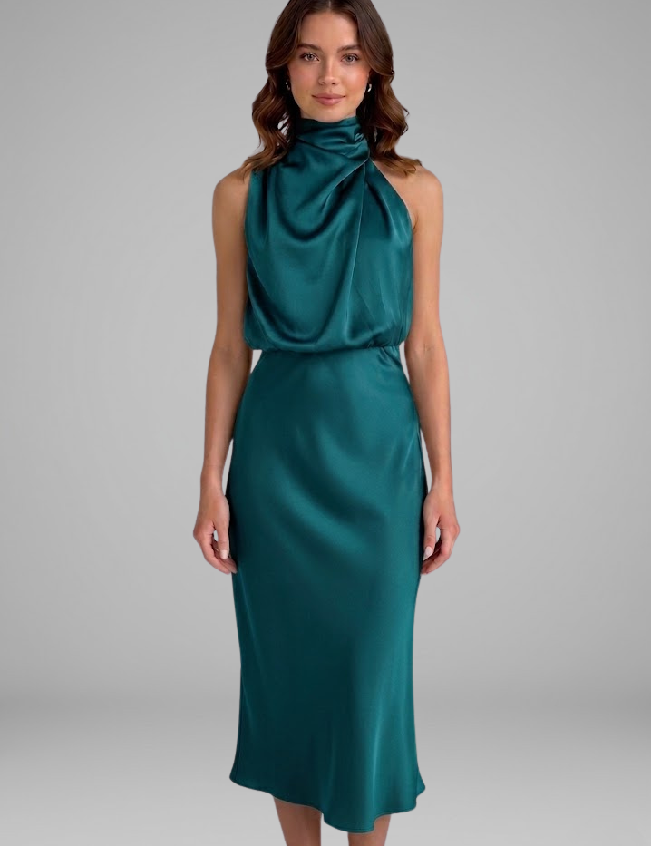 Celeste Marconi | Satin High Neck Midi Dress For Women