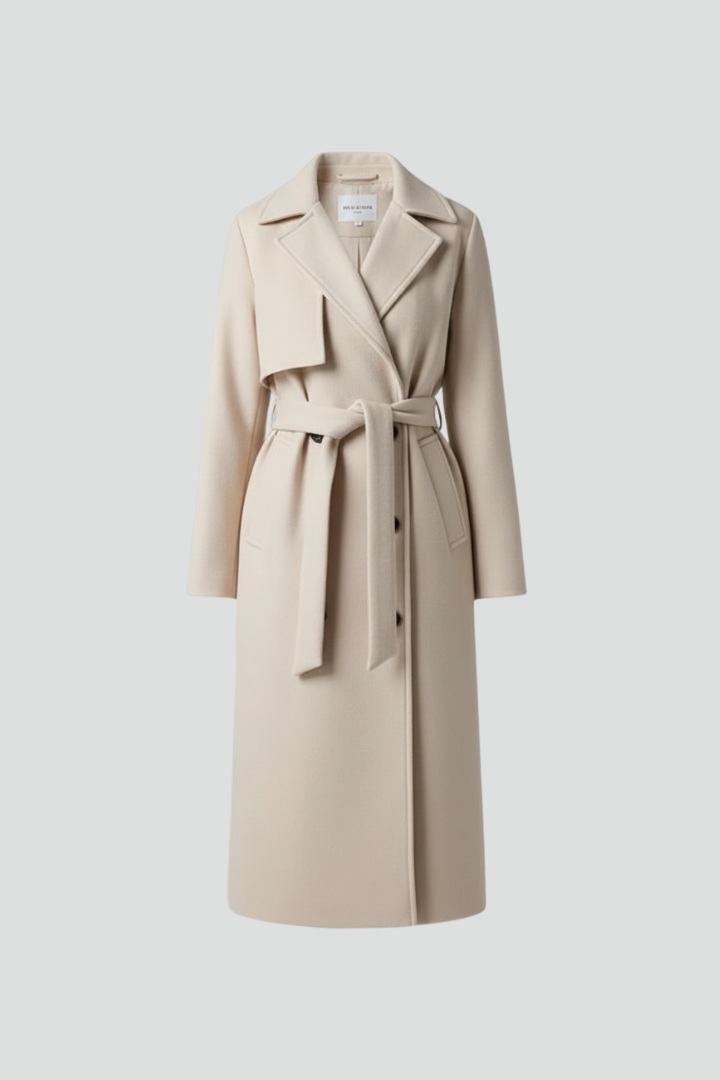 Lydia Whitmore | Belted Double-Breasted Long Coat in Stone