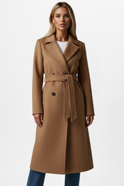 Lydia Whitmore | Belted Double-Breasted Long Coat in Stone