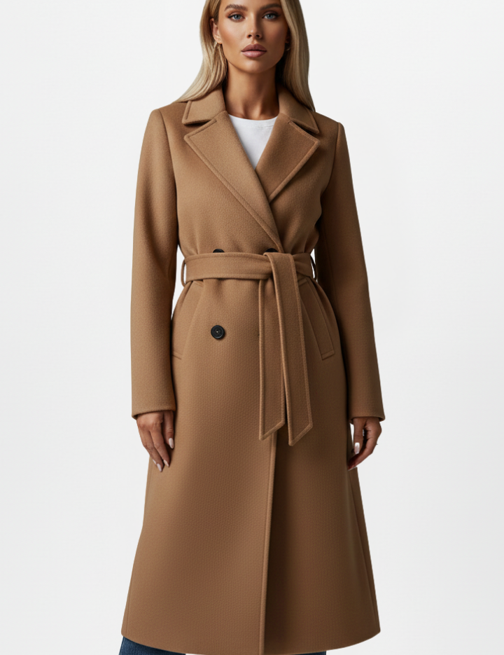 Lydia Whitmore | Belted Double-Breasted Long Coat in Stone