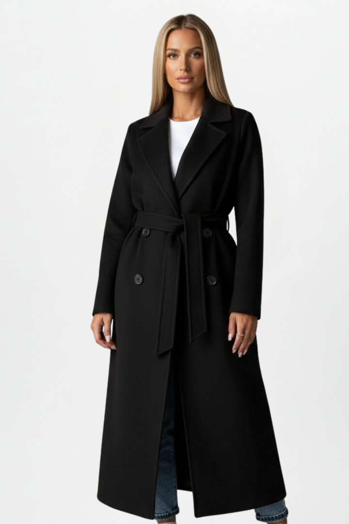 Lydia Whitmore | Belted Double-Breasted Long Coat in Stone