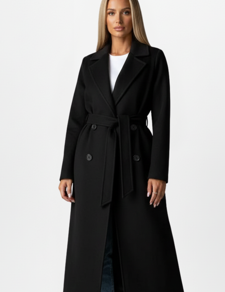 Lydia Whitmore | Belted Double-Breasted Long Coat in Stone