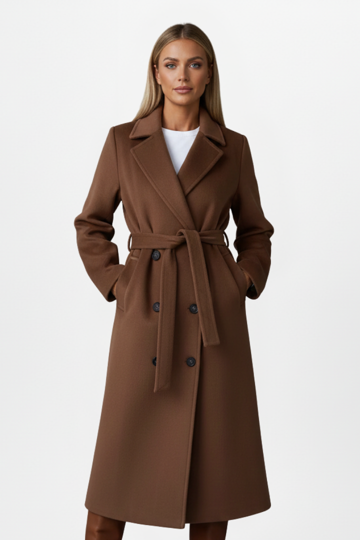 Lydia Whitmore | Belted Double-Breasted Long Coat in Stone
