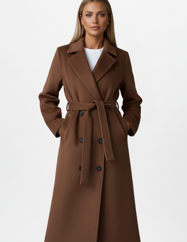 Lydia Whitmore | Belted Double-Breasted Long Coat in Stone