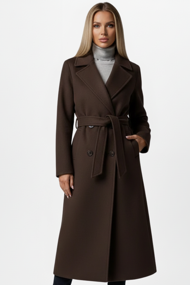 Lydia Whitmore | Belted Double-Breasted Long Coat in Stone