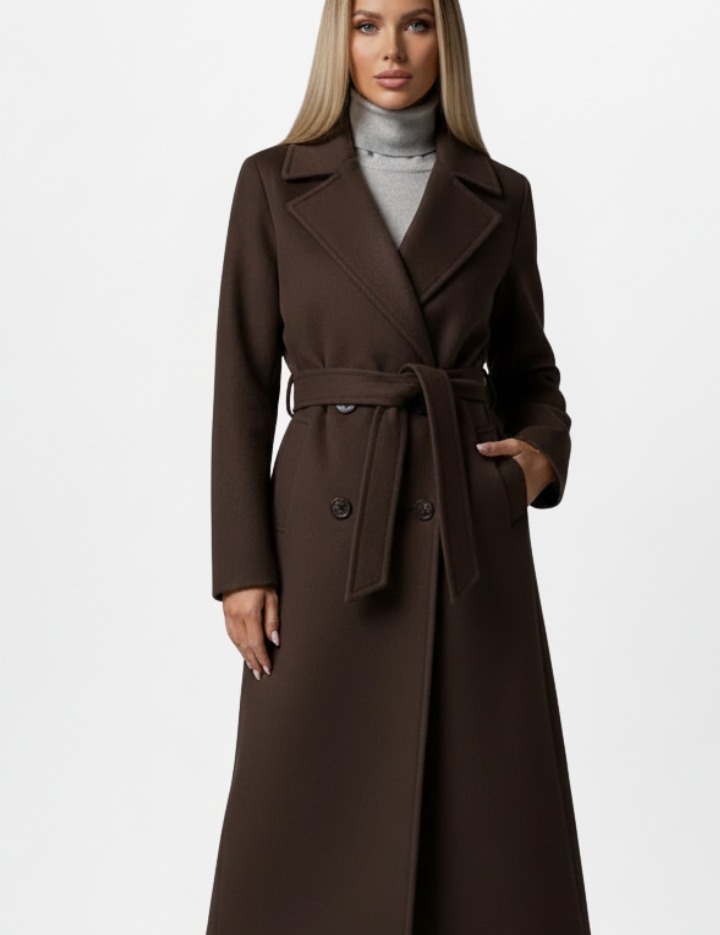 Lydia Whitmore | Belted Double-Breasted Long Coat in Stone