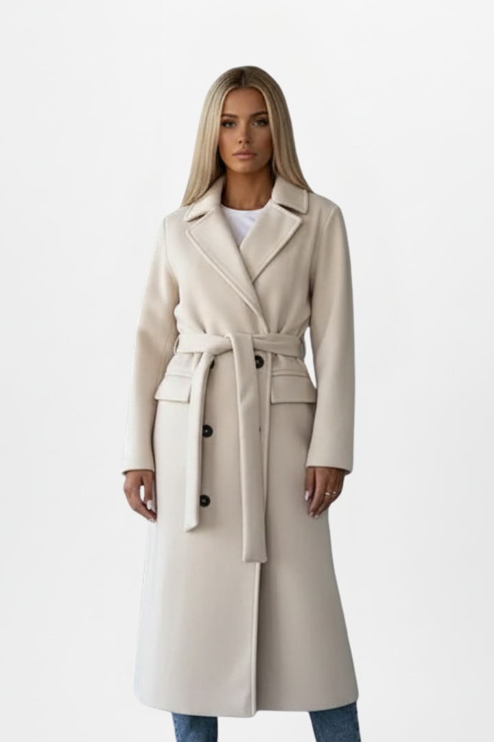 Lydia Whitmore | Belted Double-Breasted Long Coat in Stone