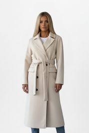 Lydia Whitmore | Belted Double-Breasted Long Coat in Stone