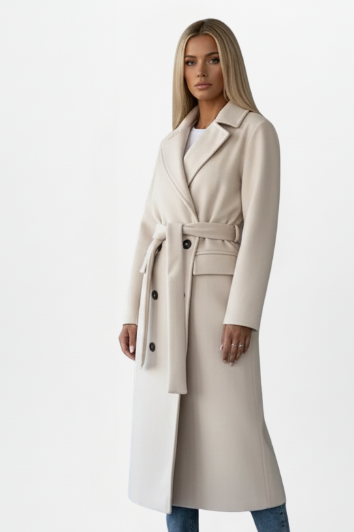 Lydia Whitmore | Belted Double-Breasted Long Coat in Stone