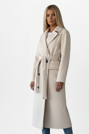 Lydia Whitmore | Belted Double-Breasted Long Coat in Stone