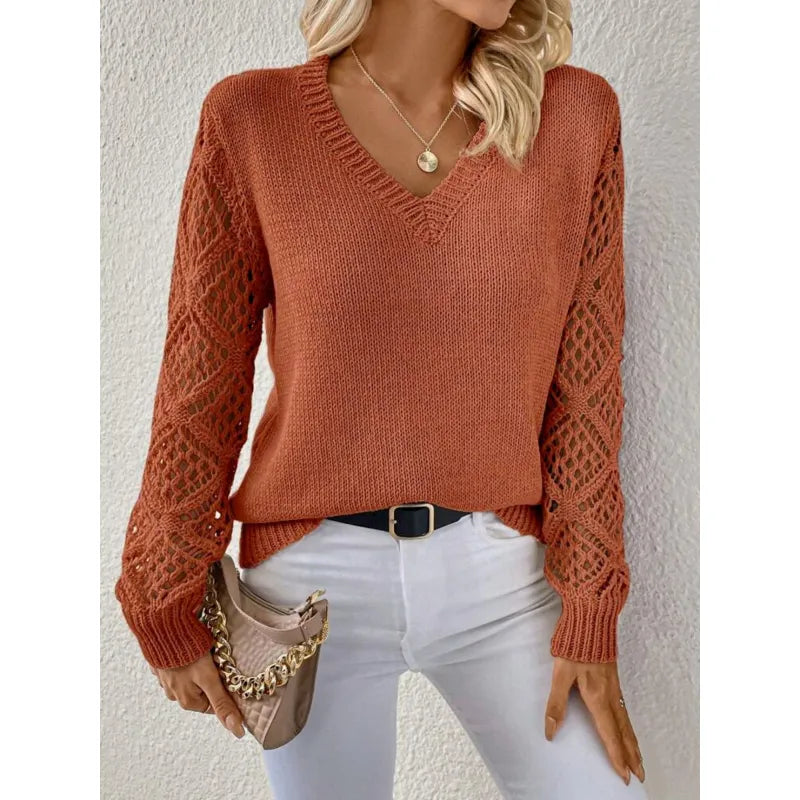 Lydia Campbell | V-Neck Knit Sweater with Crochet Sleeves