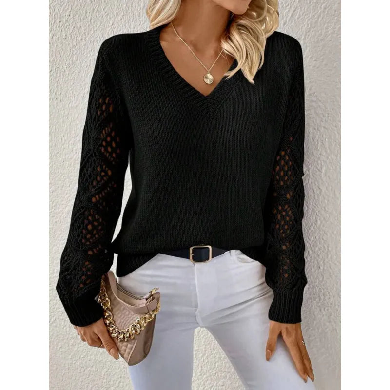 Lydia Campbell | V-Neck Knit Sweater with Crochet Sleeves