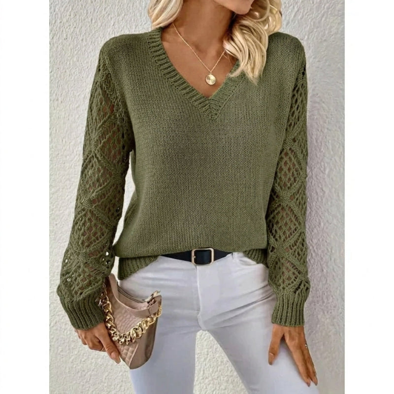 Lydia Campbell | V-Neck Knit Sweater with Crochet Sleeves