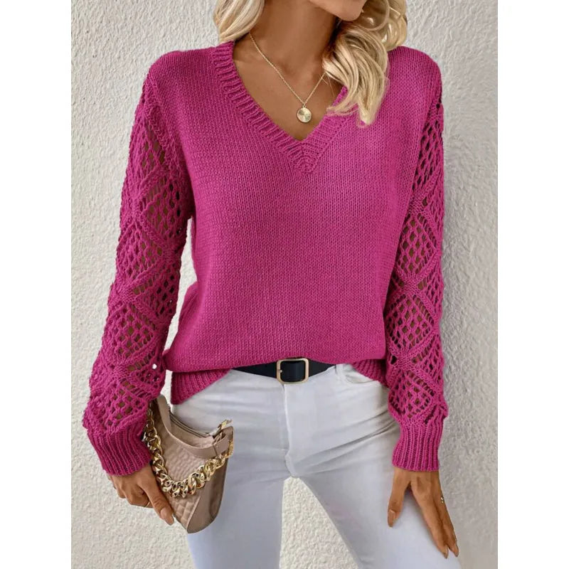 Lydia Campbell | V-Neck Knit Sweater with Crochet Sleeves