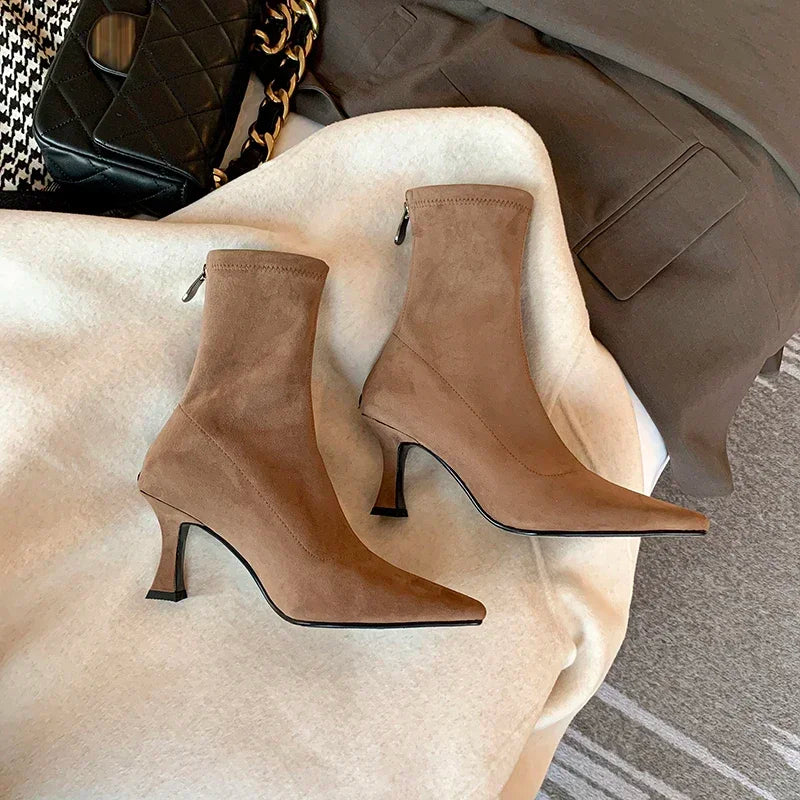 Angela Pendleton | Pointed Toe Mid Heel Suede Boots For Women