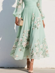 Winifred Evans | Mint Floral Chiffon Maxi Dress with Long Sleeves