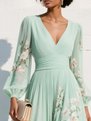 Winifred Evans | Mint Floral Chiffon Maxi Dress with Long Sleeves