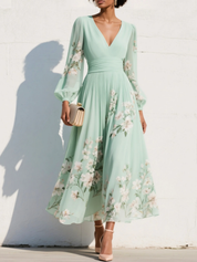Winifred Evans | Mint Floral Chiffon Maxi Dress with Long Sleeves