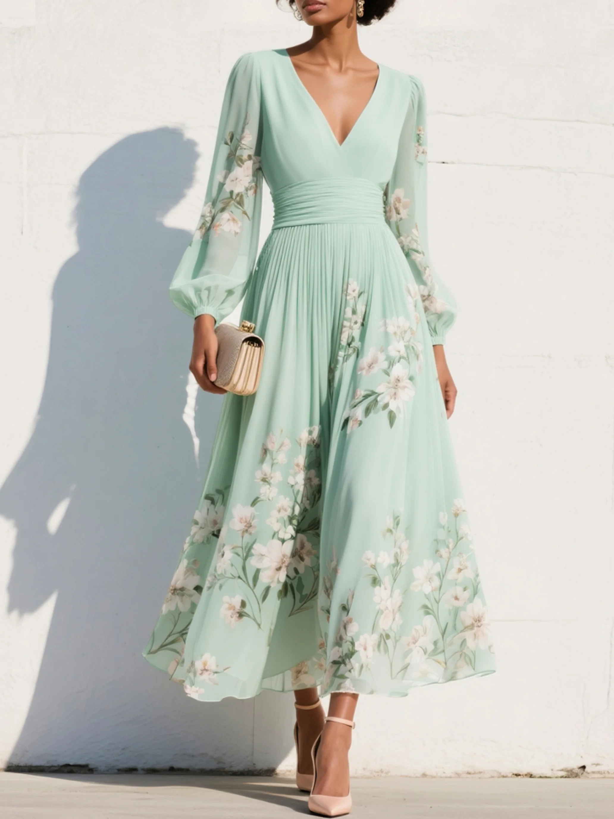 Winifred Evans | Mint Floral Chiffon Maxi Dress with Long Sleeves