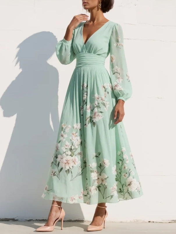 Winifred Evans | Mint Floral Chiffon Maxi Dress with Long Sleeves