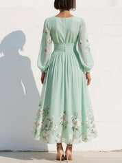 Winifred Evans | Mint Floral Chiffon Maxi Dress with Long Sleeves