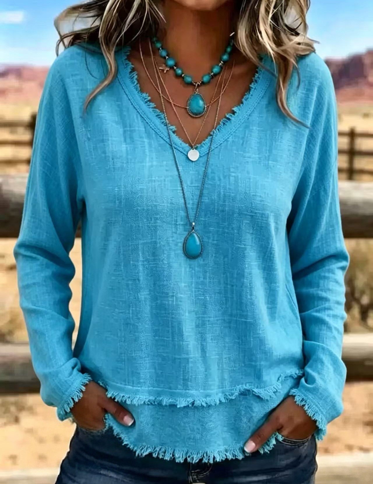 Susannah Fairweather | Pink Frayed-Edge V-Neck Top