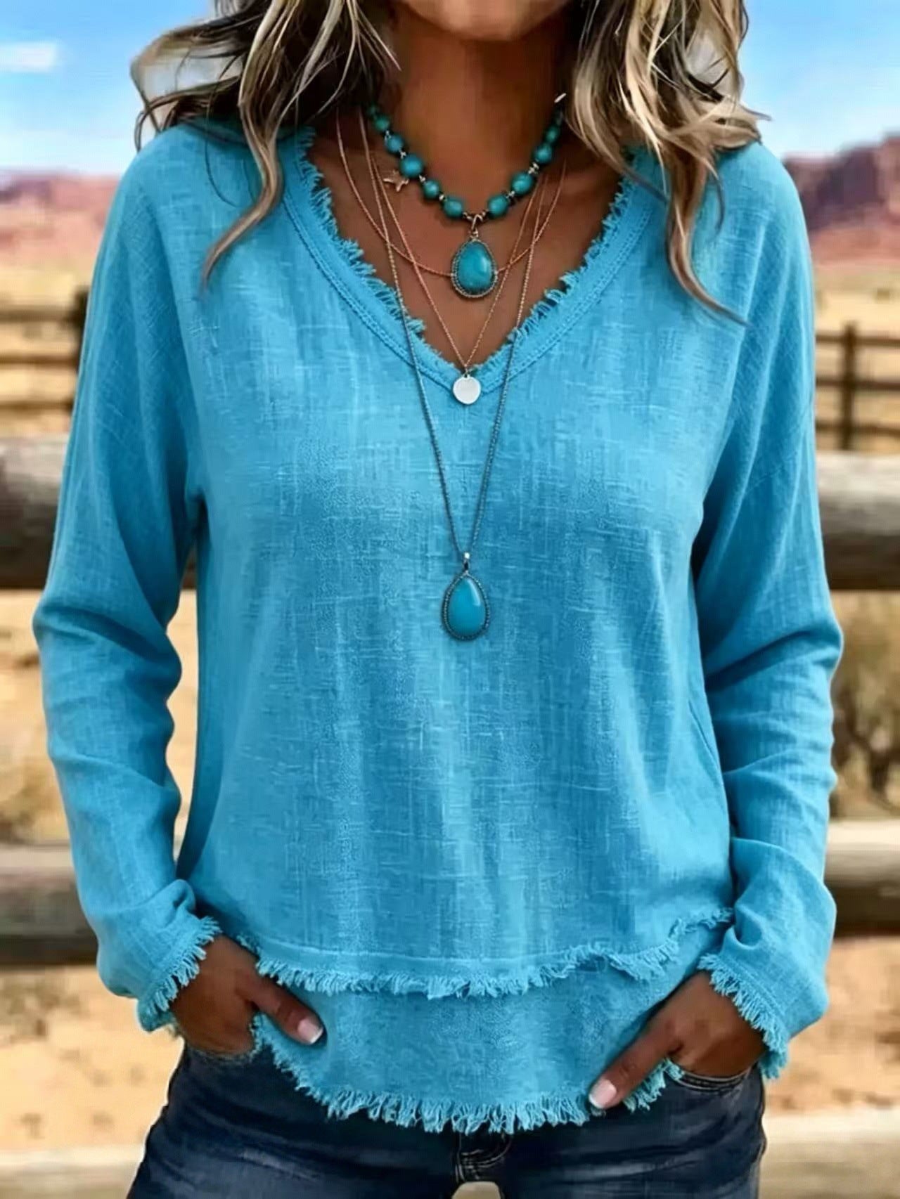 Susannah Fairweather | Pink Frayed-Edge V-Neck Top