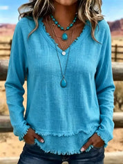 Susannah Fairweather | Pink Frayed-Edge V-Neck Top