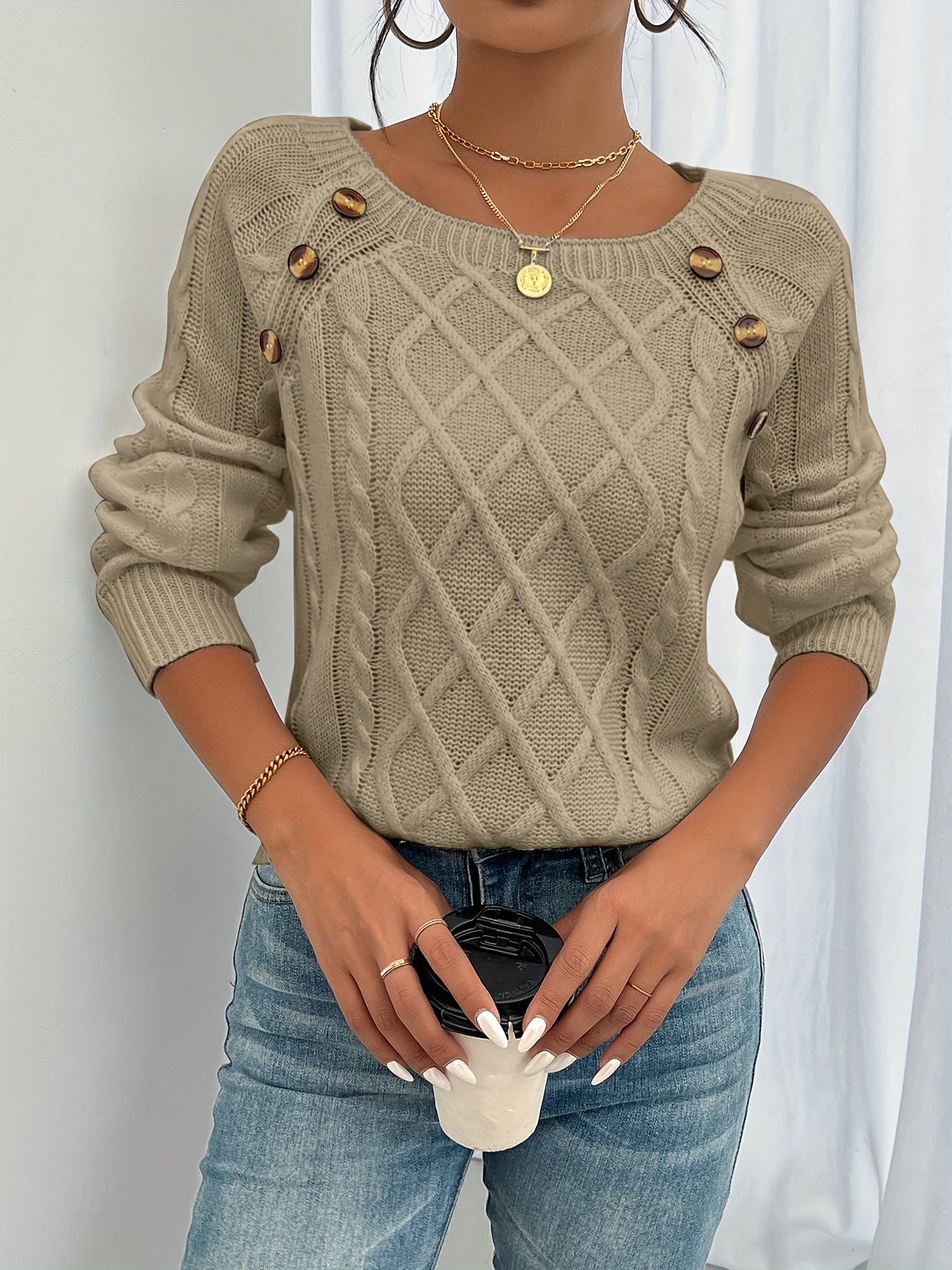 Georgina Lewis | Textured Cable Knit Button Sweater