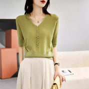 Georgina Hughes | Green Knit V-Neck Button Top