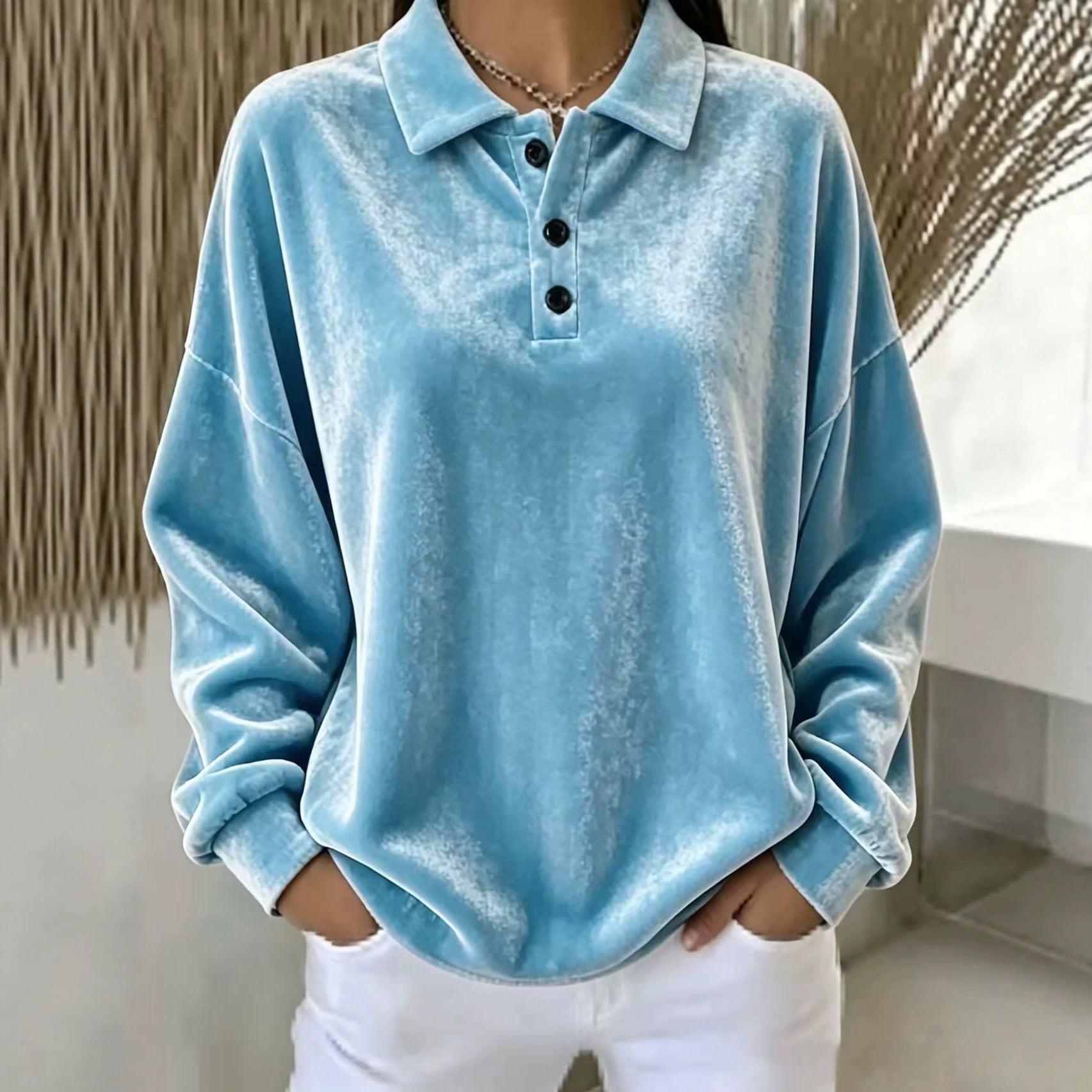 Victoria Cooper | Pink Velvet Long-Sleeve Polo Shirt