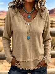 Susannah Fairweather | Pink Frayed-Edge V-Neck Top